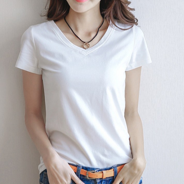 구디프 여성용 심플 브이넥  반팔 티셔츠