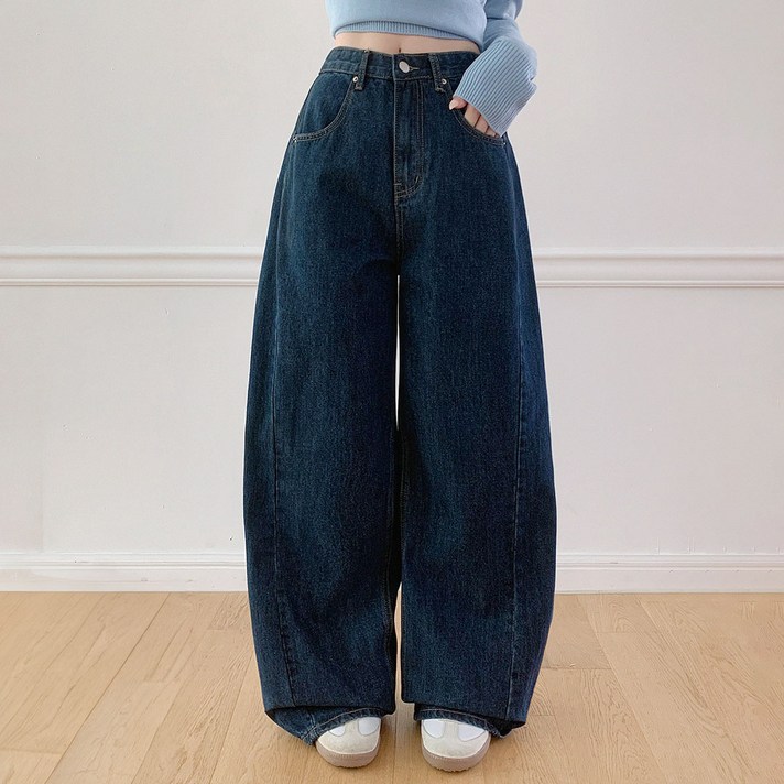 플랜데이 여성용 숏미디움롱 기장 에즈 절개 워싱 와이드 데님 팬츠