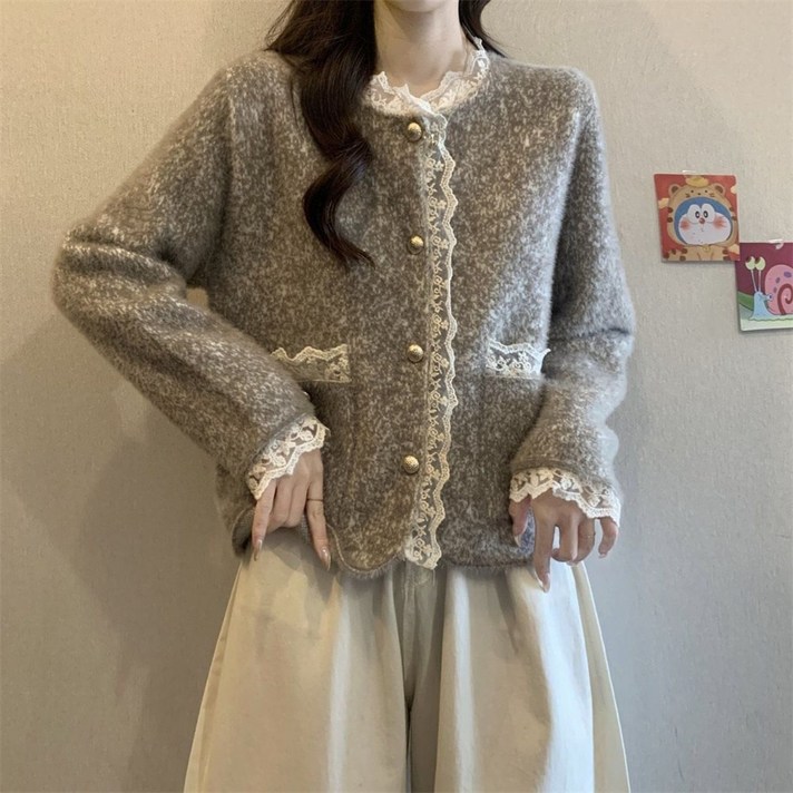 besteffie 여성 고급 레이스 디테일 루즈핏 니트 가디건 여성스러운 가을 하객룩