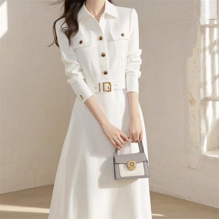 AOKADA 여성 봄 가을 슬림핏 카라넥 오피스룩 하객룩 A라인 원피스