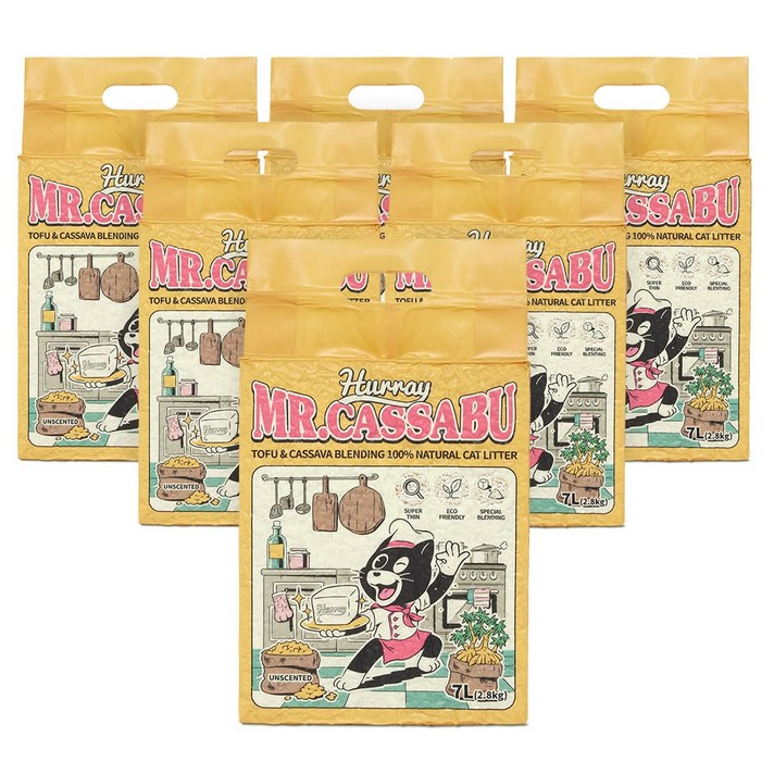 허레이 미스터 카사부 응고형 두부 카사바 블렌딩 고양이 모래, 7L, 2.8kg, 6팩, 무향