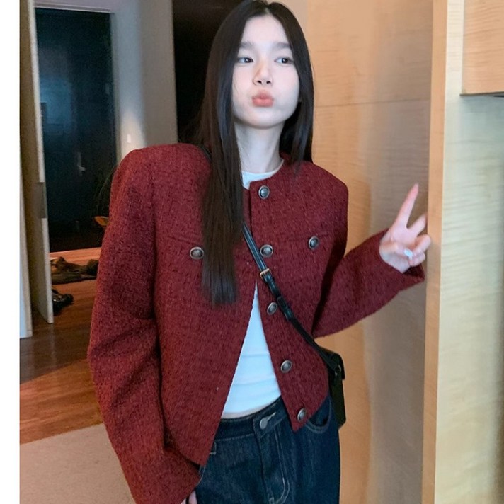 ANYOU 여성용 베이직 실버 버튼 트위드자켓 라운드넥 쇼트톱 캐주얼 데일리 노카라 자켓 봄가을 고급 소향풍 반코트 상의