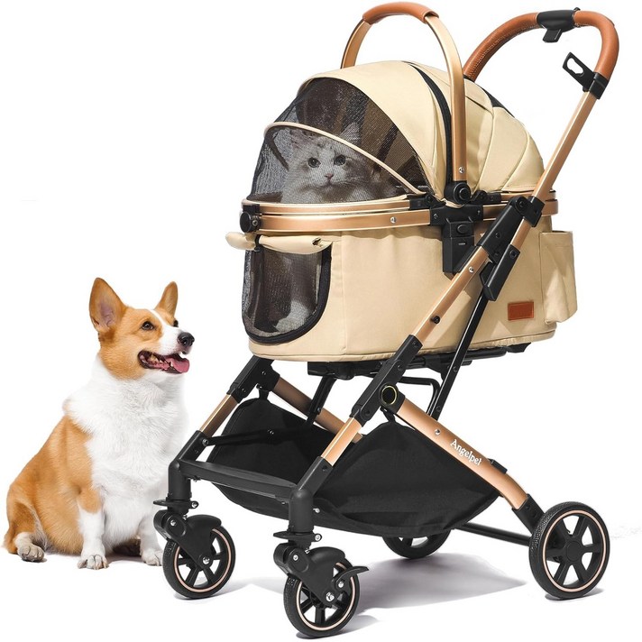 일본 엔젤펫 중형견 강아지 유모차 2마리 개모차 냥모차 바구니 분리형 접이식, 카키, 1개