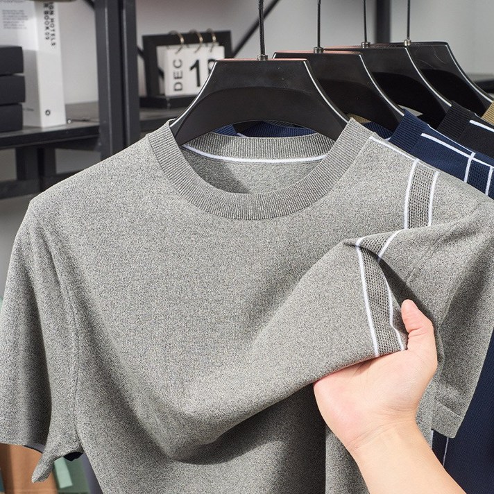 신상 여름 반팔 니트 남성 경량 텐셀 시원한 반팔 라운드넥 티셔츠 트렌디 패션 상의