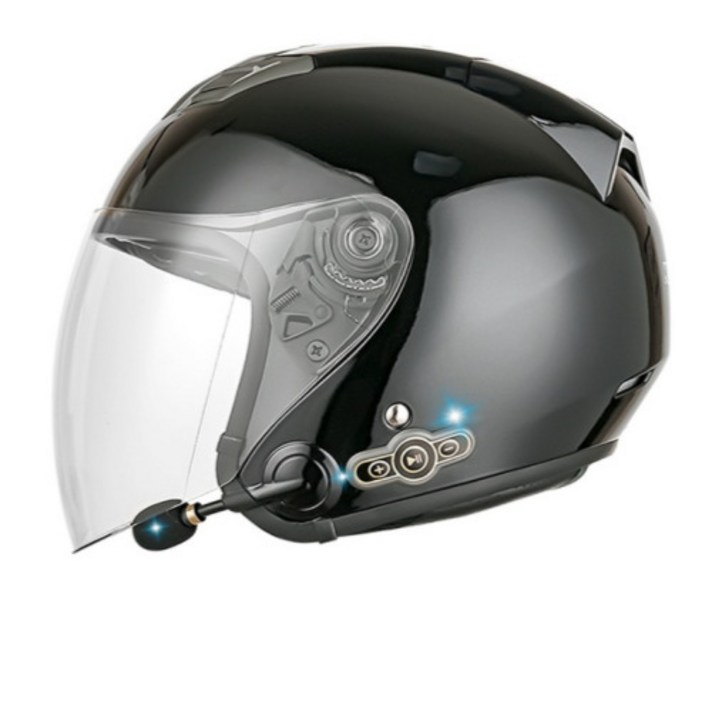 오픈페이스 헬멧 반모 오토바이 바이크 하이바 클래식 스쿠터 시스템 블루투스 경량 여름, 브라이트 블랙단일 렌즈