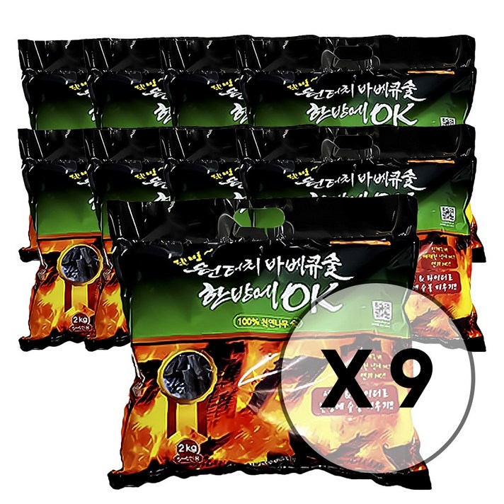 9봉 2kgx9 한방에OK숯 3초 점화 캠핑숯 참숯 구이용 화로숯 착화탄 맹그로브 한방에참숯 캠핑 바베큐숯, 2kg, 9개