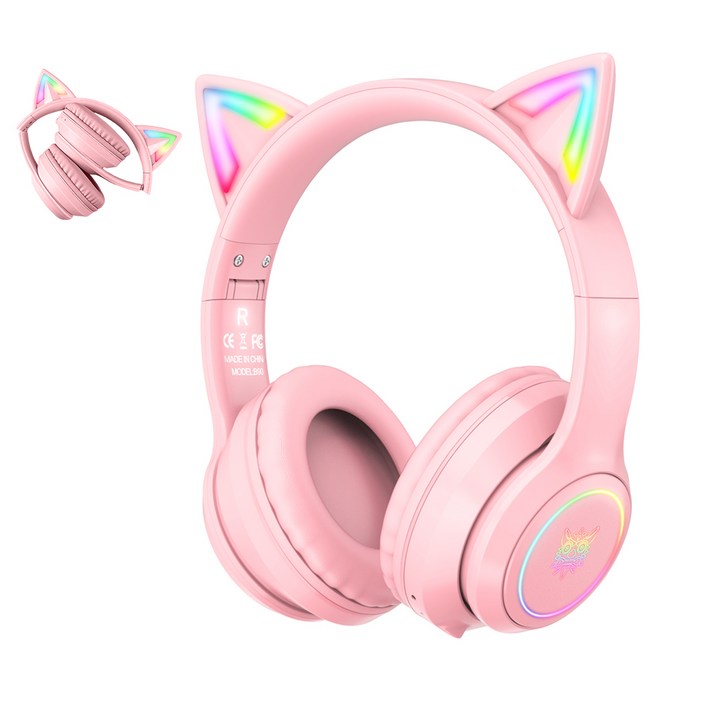 ONIKUMA B90 고양이귀 무선 게임 헤드셋 RGB 노이즈캔슬링 블루투스 5.3, 핑크, B90