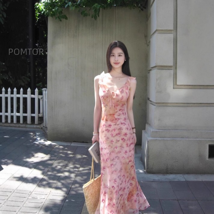 POMTOR 스위트 여성 핑크 플라워 나시 원피스 바캉스 롱스커트