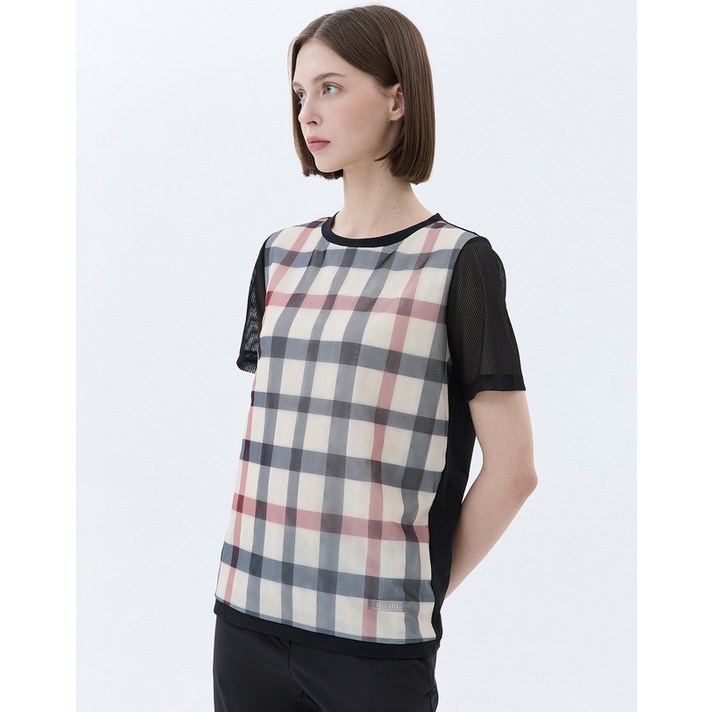 25SS 스테디셀러 블랙 체크프린트 메쉬소매 반팔티셔츠 WNTS5B320BK