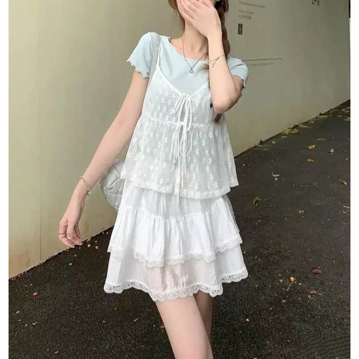 코이코이 레이스 쉬폰 레이어드 러블리 샤랄라 끈나시 원피스