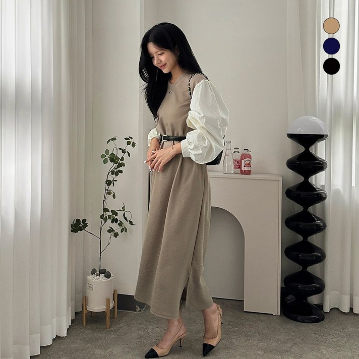 디테일웨어 여성 걸스 배색 라운드넥 긴팔 원피스 셔츠 원피스 빅사이즈 임부복 간절기 편한 A라인 롱원피스 데일리룩