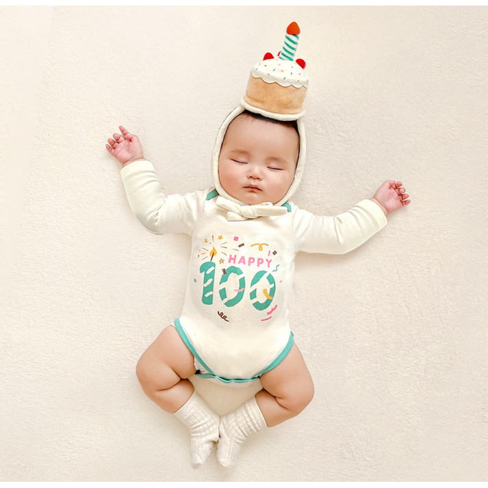 ikii 유아용 100일 기념 바디수트 긴팔 케이크 모자 기프트 박스 쇼핑백 세트
