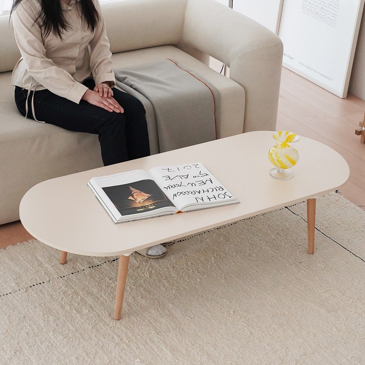 레몬트리 국내제조 E0 LPM 우드 접이식 타원형 900 테이블, 바닐라 베이지