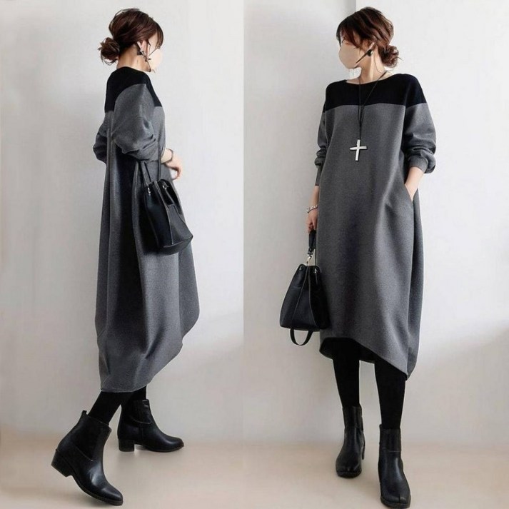 여성 봄 가을 데일리룩 긴팔 원피스 빅사이즈 루즈핏 롱 원피스
