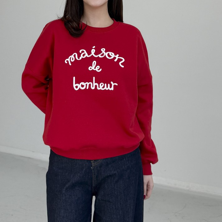 행복여 메종드 레터링 캐쥬얼 루즈핏 기모 맨투맨 티셔츠