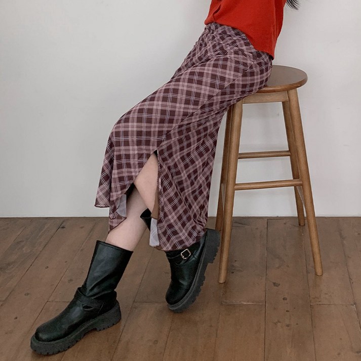 [모던허니] 스판 쭉쭉 쉬폰 체크 롱스커트 Y2K 빈티지스커트 스판스커트 유니크 밴딩치마