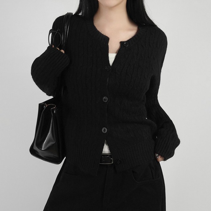 센시즌 메리 라운드넥 꽈배기 도톰 크롭 니트 가디건