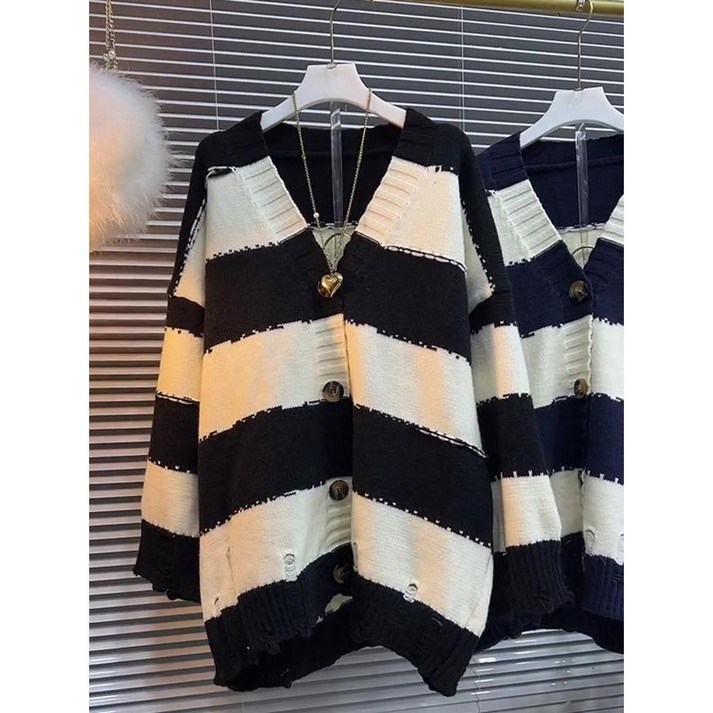빅사이즈 여성니트 스트라이프 카디건 찢어진 브이넥 니트아우터 빅사이즈 롱스웨터