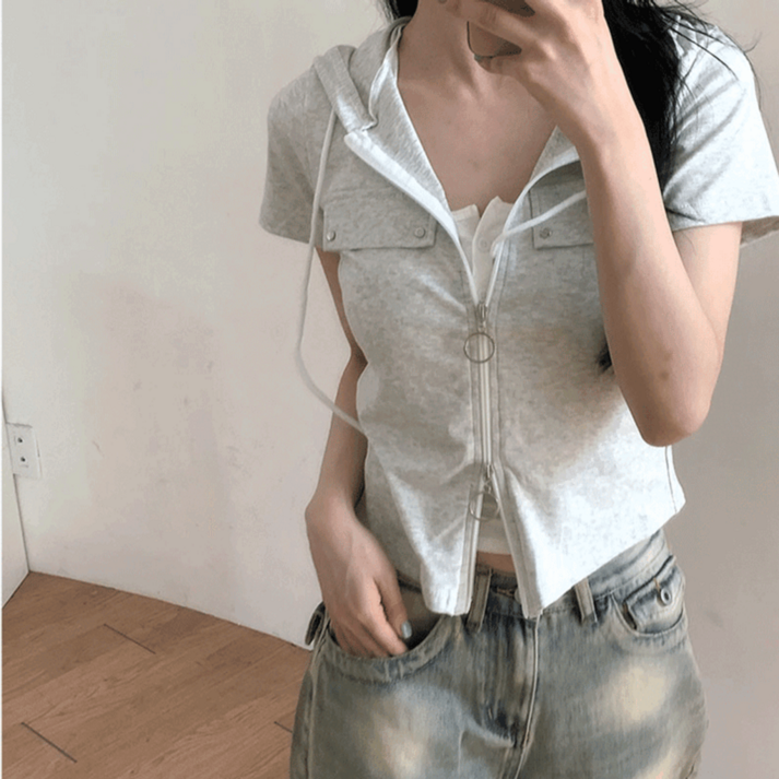 당일배송노마진특가베이직캐주얼썸머 라이트 크롭 후드 집업 티셔츠