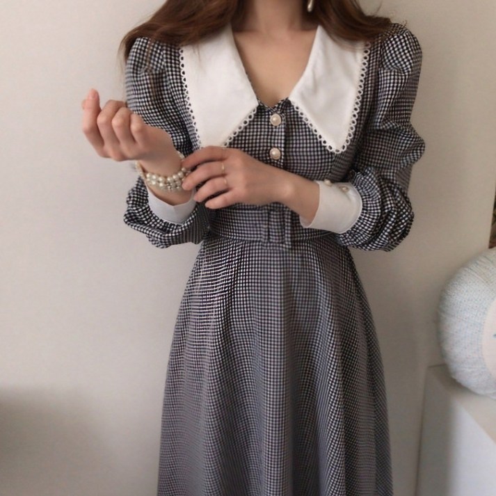 빅카라 진주버튼 체크 롱원피스 클래식 퍼프소매 하객룩 데일리룩