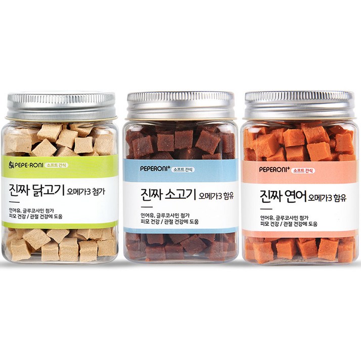 페페로니 진짜 오메가3 강아지 간식 세트, 소고기연어닭고기, 180g, 1세트 페페로니 진짜 오메가3 강아지 간식 세트, 소고기연어닭고기, 180g, 1세트