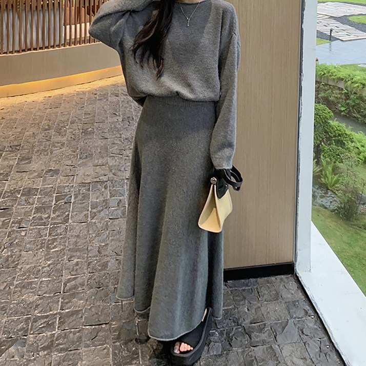 페이퍼먼츠 긴팔 스웨터 피쉬테일 롱 스커트 투피스 세트 22904
