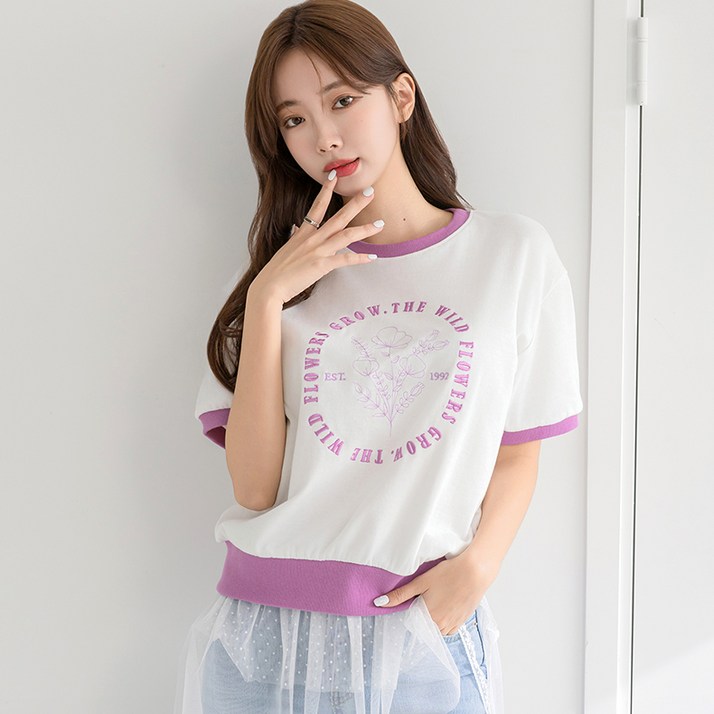 부루앤쥬디 배색 플라워 자수 반팔 티셔츠 ORDTG505A
