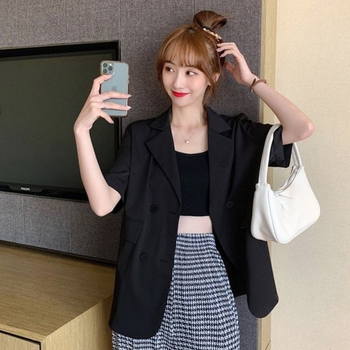 VIISHOW 여성 여름용 캐주얼 5부소매 오피스룩 반팔 자켓