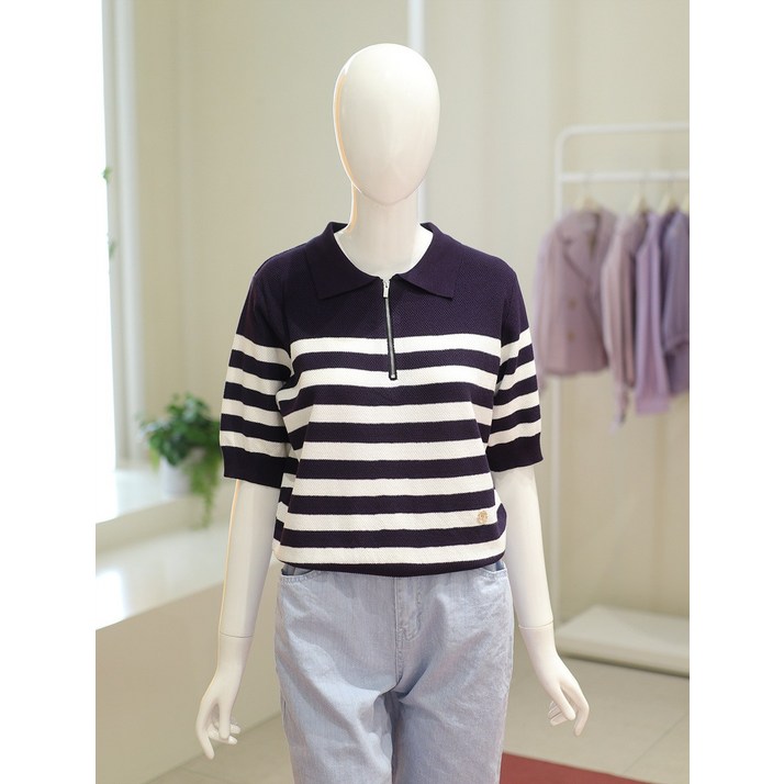 올리브데올리브 반집업카라 스트라이프 반팔 니트 OYK3MP6031543416