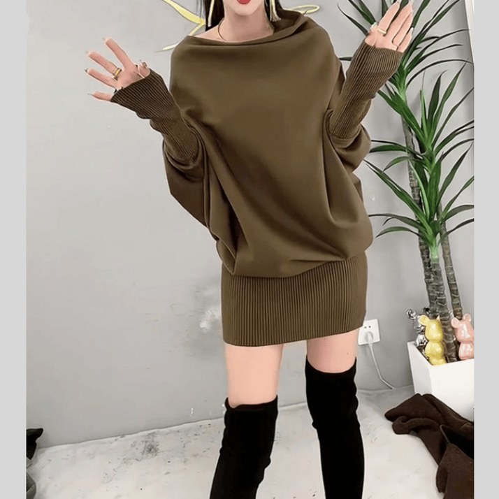 여자 라운드넥 둥근넥 가오리핏 루즈핏 체형커버 니트 숏 짧은 원피스 스커트 셔츠