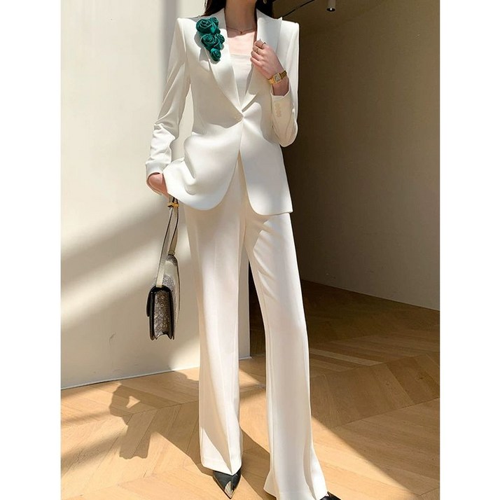 허리 조임 여성 화이트 정장 재킷 세련된 고급스러운 통근용 전문 스마트 캐주얼 면접 셋업