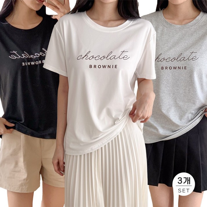 코코라벨라 여성 라운드넥 레터링 반팔 티셔츠 3p