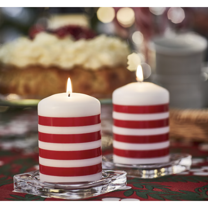 이케아 빈테르핀트 기둥모양 무향양초, 줄무늬 패턴 레드/화이트, 10 cm 2개 005.813.53