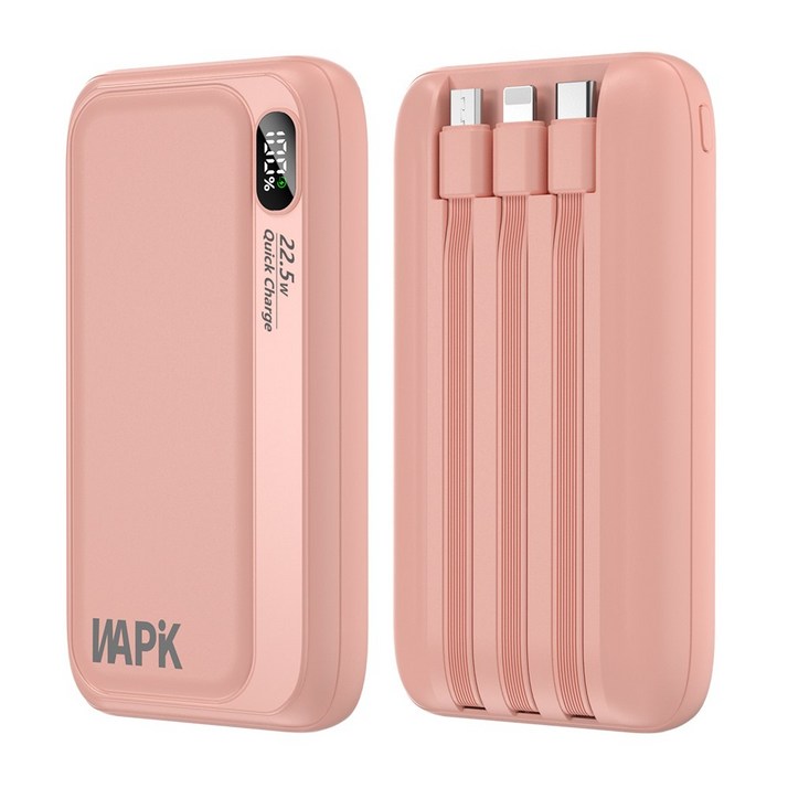와피크 PD 22.5W 고속충전 일체형 보조배터리 M1 10000mAh 파워뱅크, 핑크