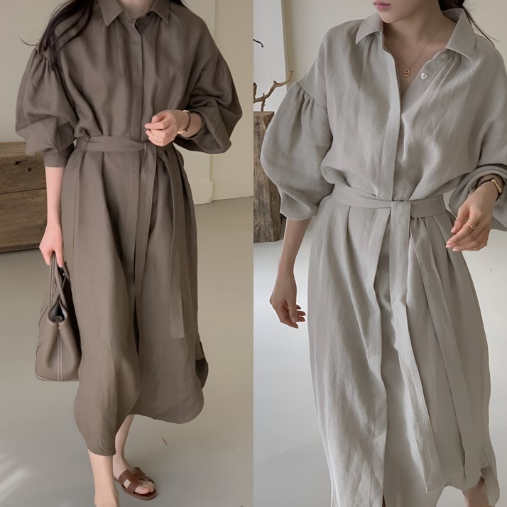 소솜 여성 간절기 린넨 셔츠 원피스 루즈핏 롱 긴팔 벌룬소매 출근룩