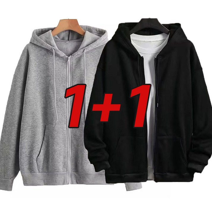1+1 남자 심플 긴팔 후드티 맨투맨 오버핏 무지 후드집업 빅사이즈 트레이닝복  기모 두꺼운 데일리 캐주얼 상의 루즈핏 학생 아우터 상의
