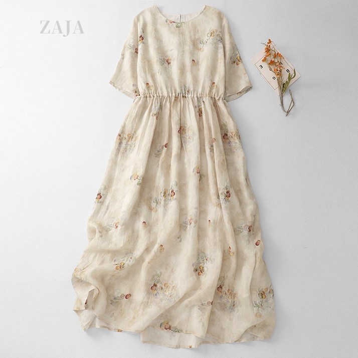 ZAJA 여성 롱 원피스 여름 라운드넥 우아한 빅사이즈 루즈핏 원피스