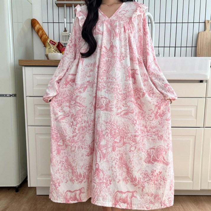 뜨왈 빅사이즈 긴팔 감성 원피스 파자마 홈웨어 44부터120까지