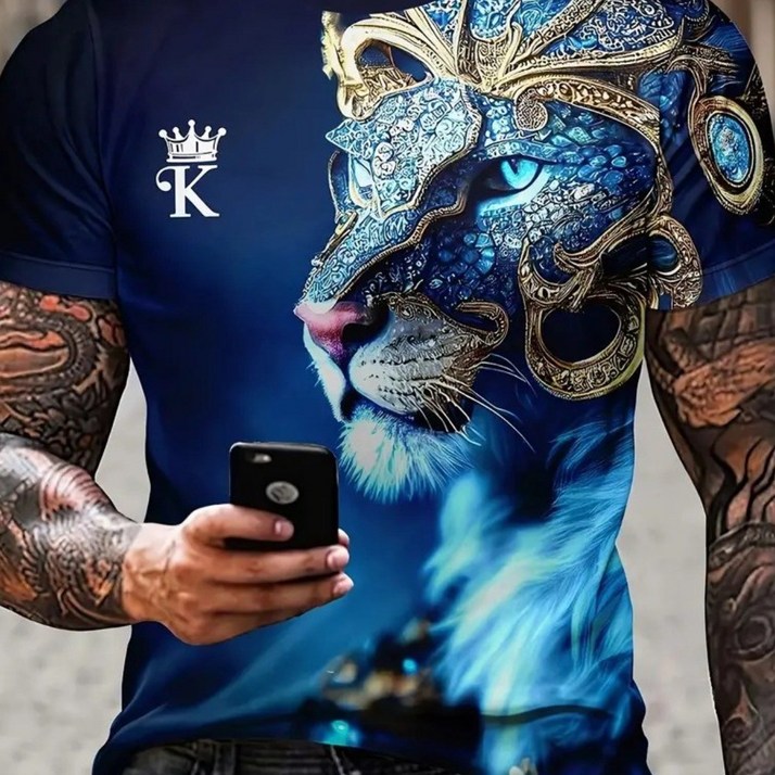 남성용 세련된 사자 나염 셔츠 기능성 크루넥 반팔 티셔츠 야외 활동에 적합