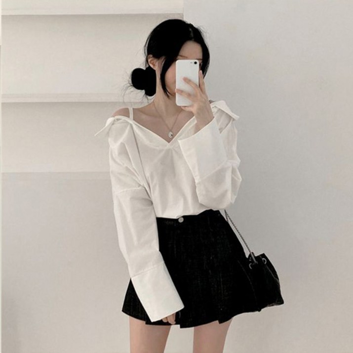 라라홀리 여리핏 오프숄더 어깨끈 긴팔 셔츠 라라홀리 여리핏 오프숄더 어깨끈 긴팔 셔츠
