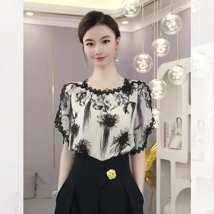COSYEVNO 여자 여름 쉬폰셔츠 레이스 단 수묵화 프린팅 패션 이너셔츠
