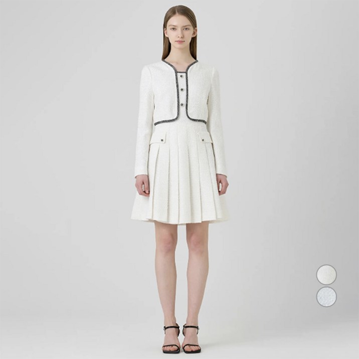 라인어디션 여성용 배색라인 트위드 플리츠 원피스