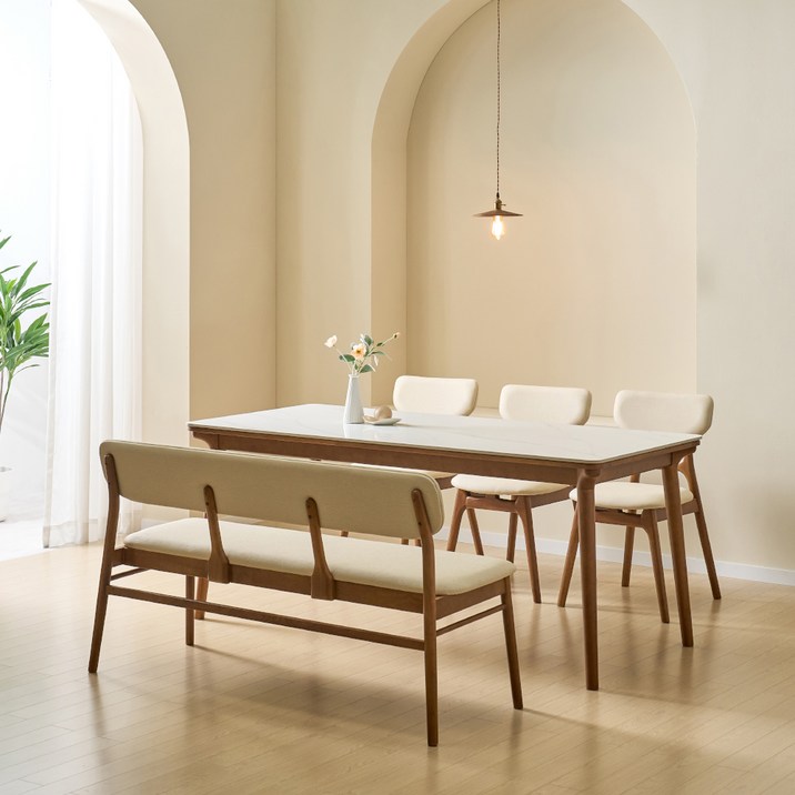 루시드퍼니처 라미 6인용 포세린 세라믹 원목 식탁 + 벤치 + 의자 3p 방문설치