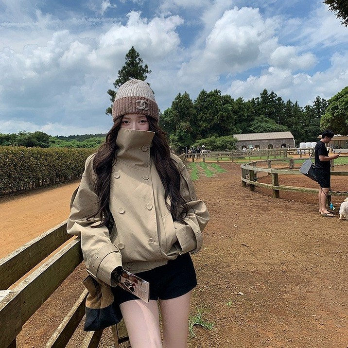 ANYOU 여성 크롭 트렌치자켓 엘레강스 데일리 올드머니 더블 트렌치 아우터