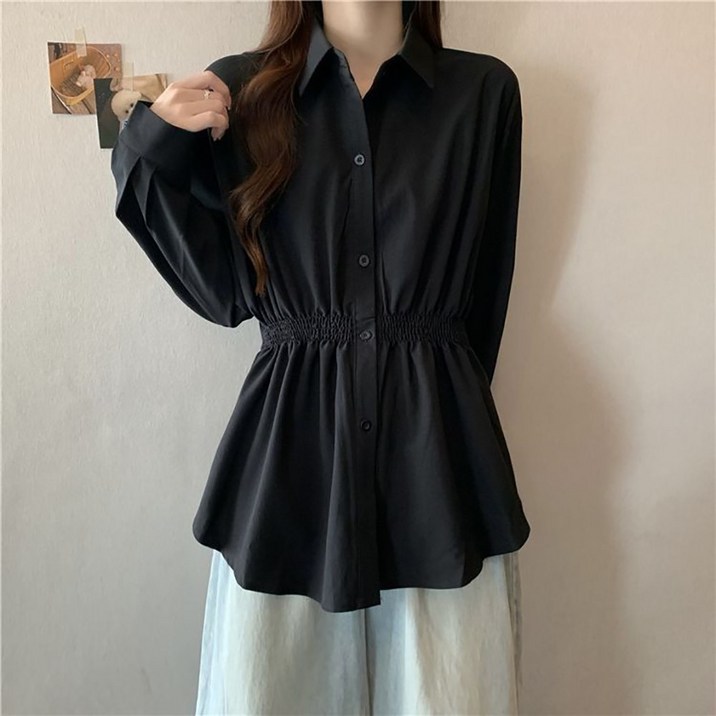 ROYALBELLE 여성 언발란스 허리밴딩 셔츠 하프기장 단색 셔링 남방 U0010224