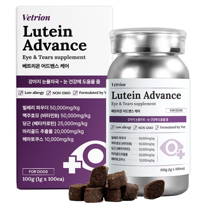 베트리온 루테인 어드밴스 강아지 눈 눈물 영양제 눈물자국 노령견 백내장 예방, 1개, 눈물개선/눈건강, 100정