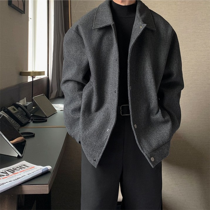 ANYOU 남자 추동 모직코트 하프 캐주얼 보온 루즈핏 정장 코트