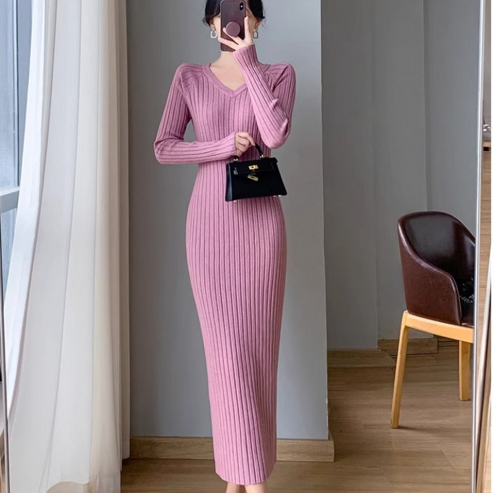 COSYEVNO 여성 니트 원피스 봄 가을 브이넥 빈티지 패션 슬림 긴팔 롱스커트 lyjlyq-18