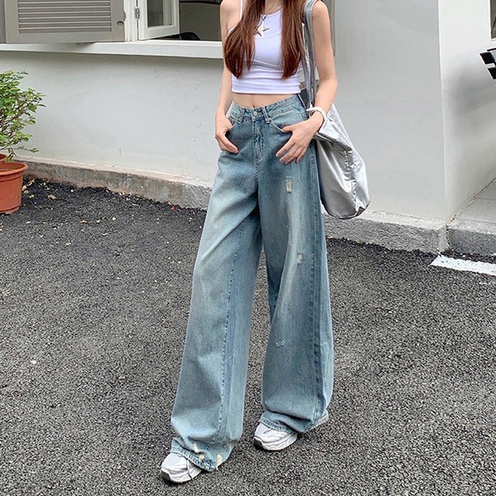 ZAJA여자 찢어진 빈티지 하이웨이스트 워싱 배기 팬츠  와이드 핏 블루 팬츠