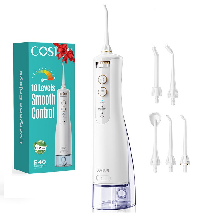 코슬루스 10 모드 무선 구강세정기 IPX7 급방수 + 5개노즐팁, 화이트